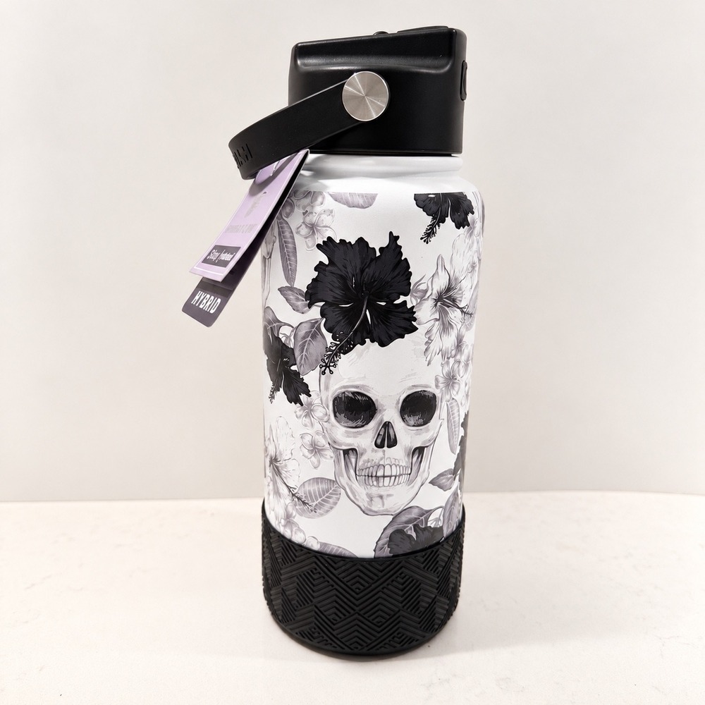 Hydraflow Skull Floral Halloween Straw Stainless Water Bottle NEW 34 oz Tattoo